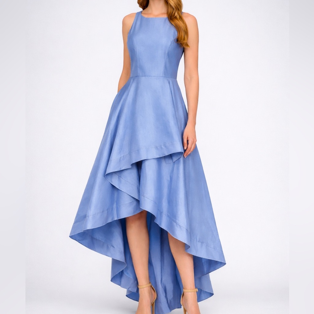 🆕 🦋Adrianna Papell Blue Frost Mikado High Low Gown Fit&Flare Dress Size 16 Party